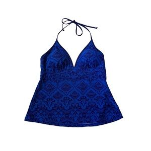 CONVERSE Tankini Swim Top Damask Tie Neck Blue Womens Size Medium